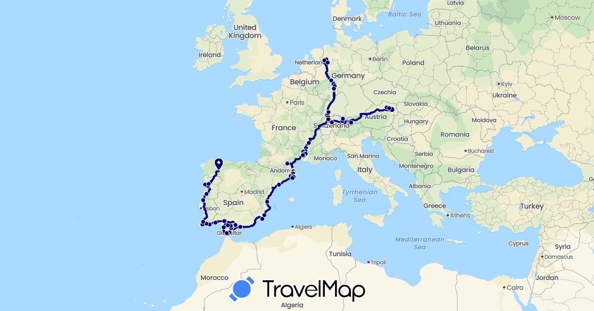 TravelMap itinerary: driving, hiking, electric vehicle in Austria, Switzerland, Germany, Spain, France, Portugal (Europe)